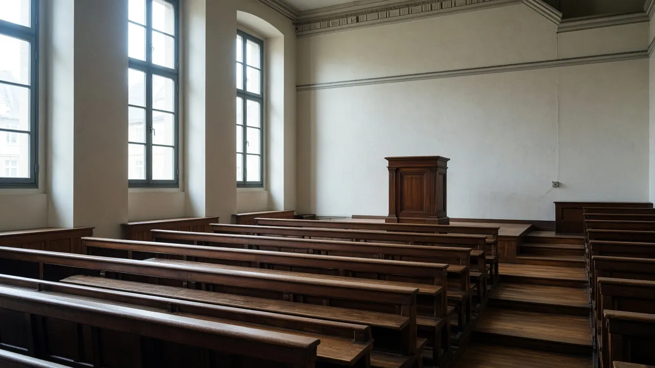 Wooden benches in a university lecture hall
